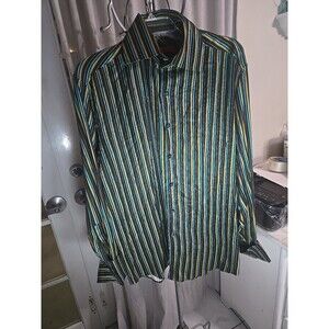CIBREO 100% SILK SHIRT M Size M Black w Stripes Gold, Teal with French Cuffs